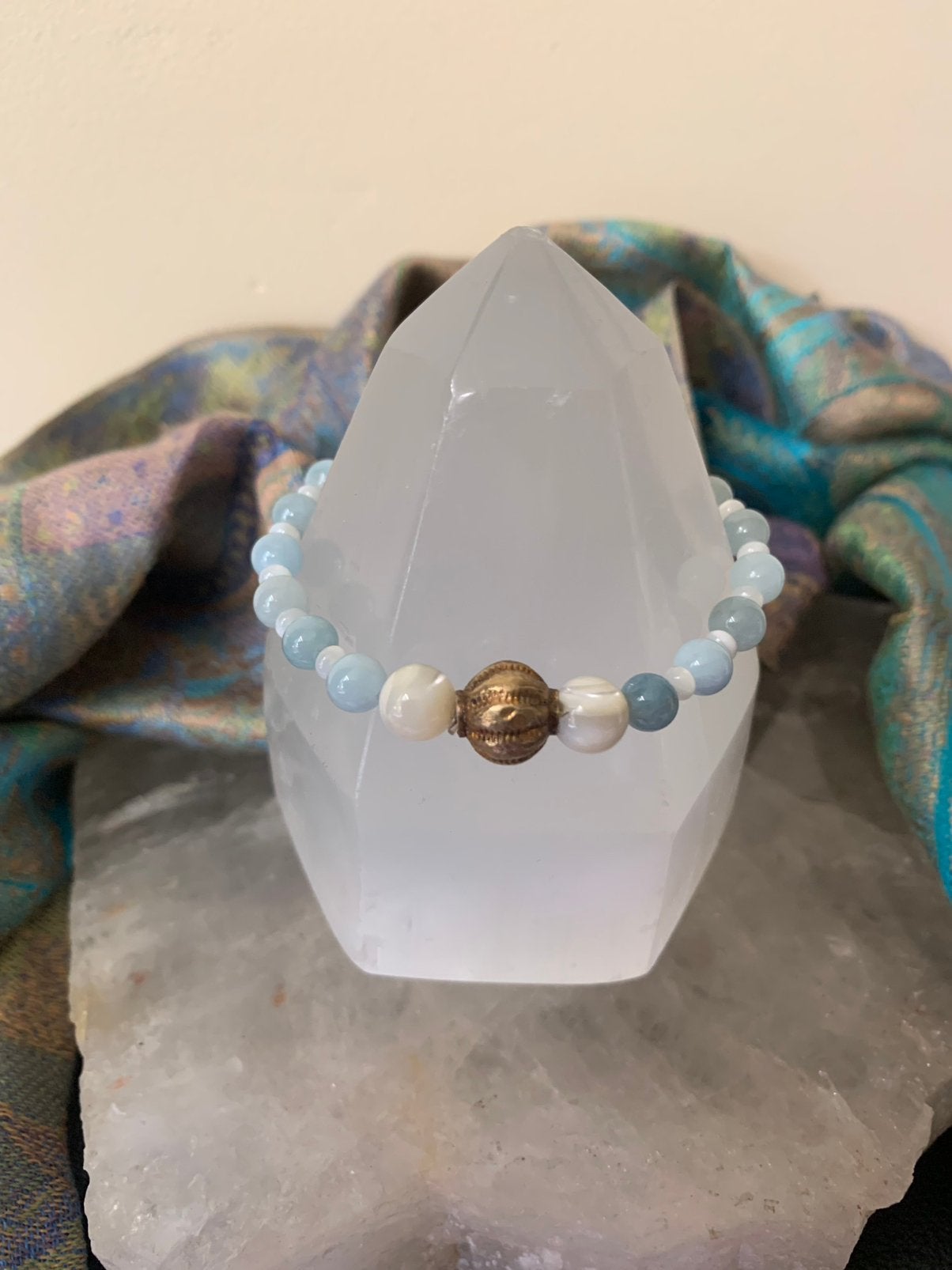 Aquamarijn parelmoer zilver beschermt daadkracht balans, Met bedels of kralen, Blauw, Magnolia11, Nieuw