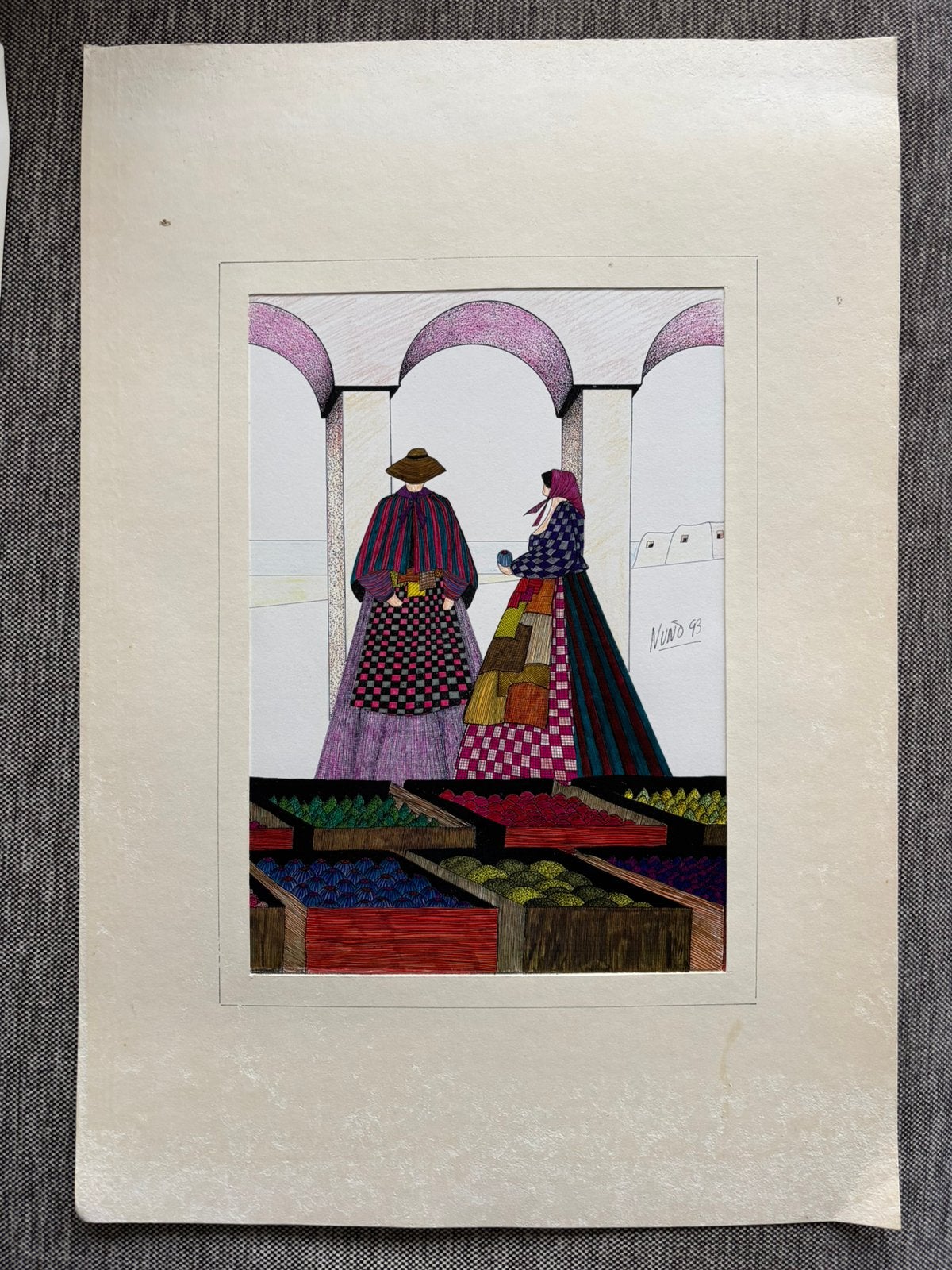 Pentekening van Nuno, twee vrouwen op markt, Antiek en Kunst, Ophalen of Verzenden