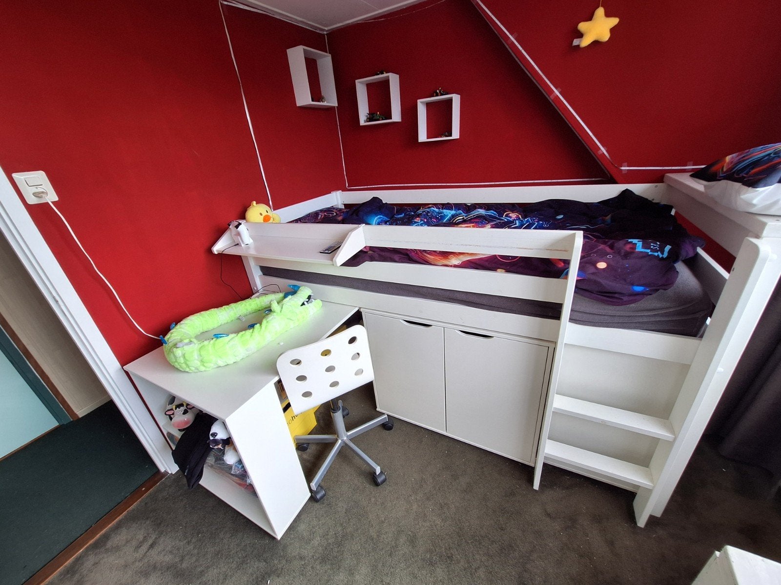 Halfhoogslaper masief hout wit met schuifbureau en kastje, Ophalen, Hoogslaper of Stapelbed, 180 cm of meer, 100 cm of meer
