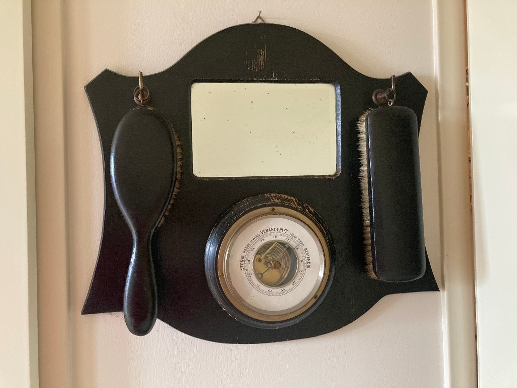 Brocante borstel-set met spiegel en barometer, Antiek en Kunst, Ophalen of Verzenden