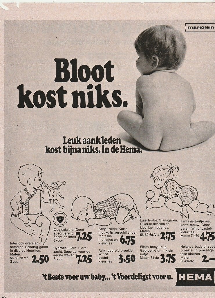 Retro reclame 1971 Hema babymode kost bijna niets, Verzenden, Overige typen