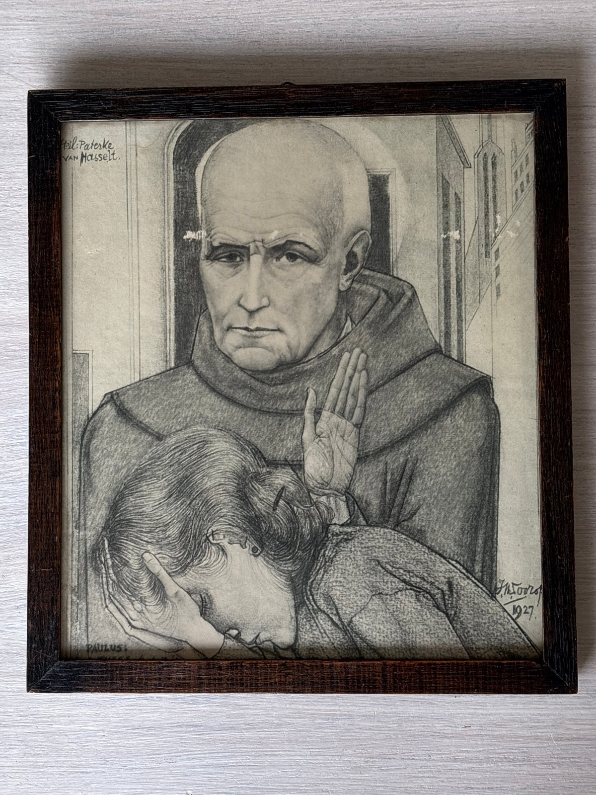Antieke tekening 'Paterke van Hasselt' gesign. J.TOOROP 1927, Ophalen of Verzenden, Tekening, Potloodtekening, Achter glas