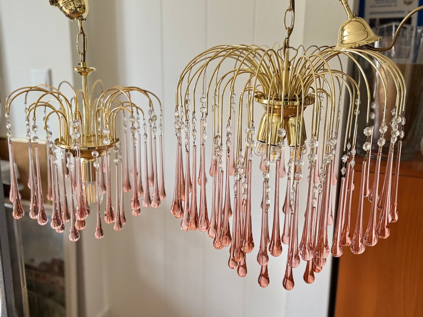 Murano hanglamp watervalkroonluchter roze druppels, Ophalen, Glas, Design, Italiaans, Venini, Murano, Hollywood Regency