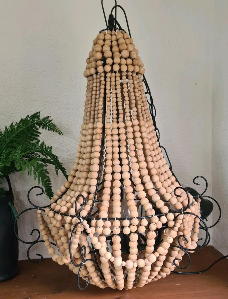 XL kroonluchter hanglamp naturel houten kralen ibiza boho, Ophalen, Zo goed als nieuw, Hout, Ibiza landelijk