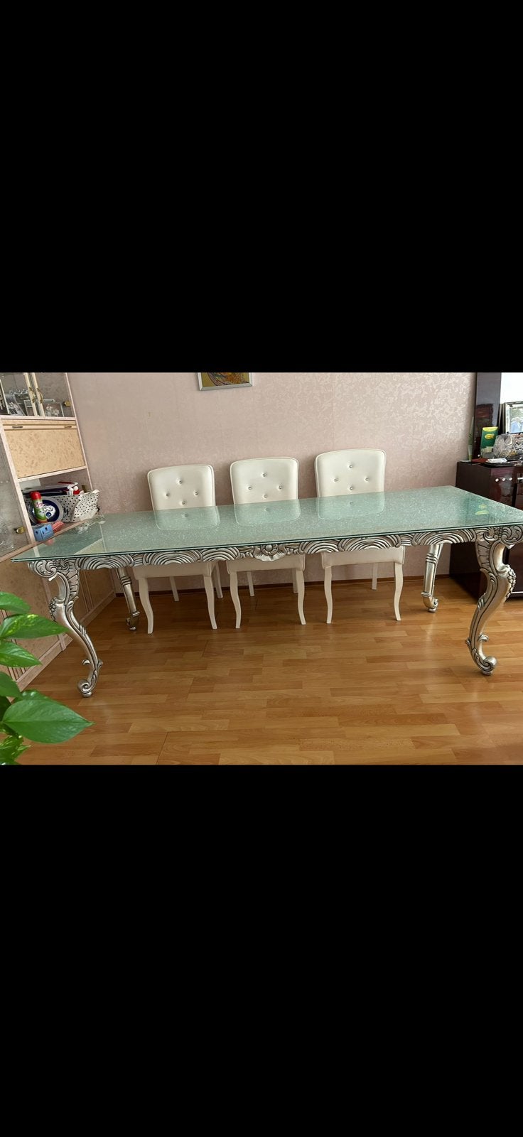 Zgan Giorgio Design craquele eettafel +zilvere barok poten, Ophalen, 200 cm of meer, Zo goed als nieuw, 25 tot 50 cm