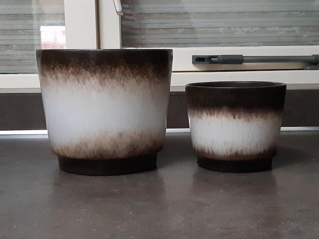 Vintage bloempot set West Germany bruin/creme 19/14 cm, Rond, Ophalen of Verzenden, Aardewerk, Minder dan 40 cm