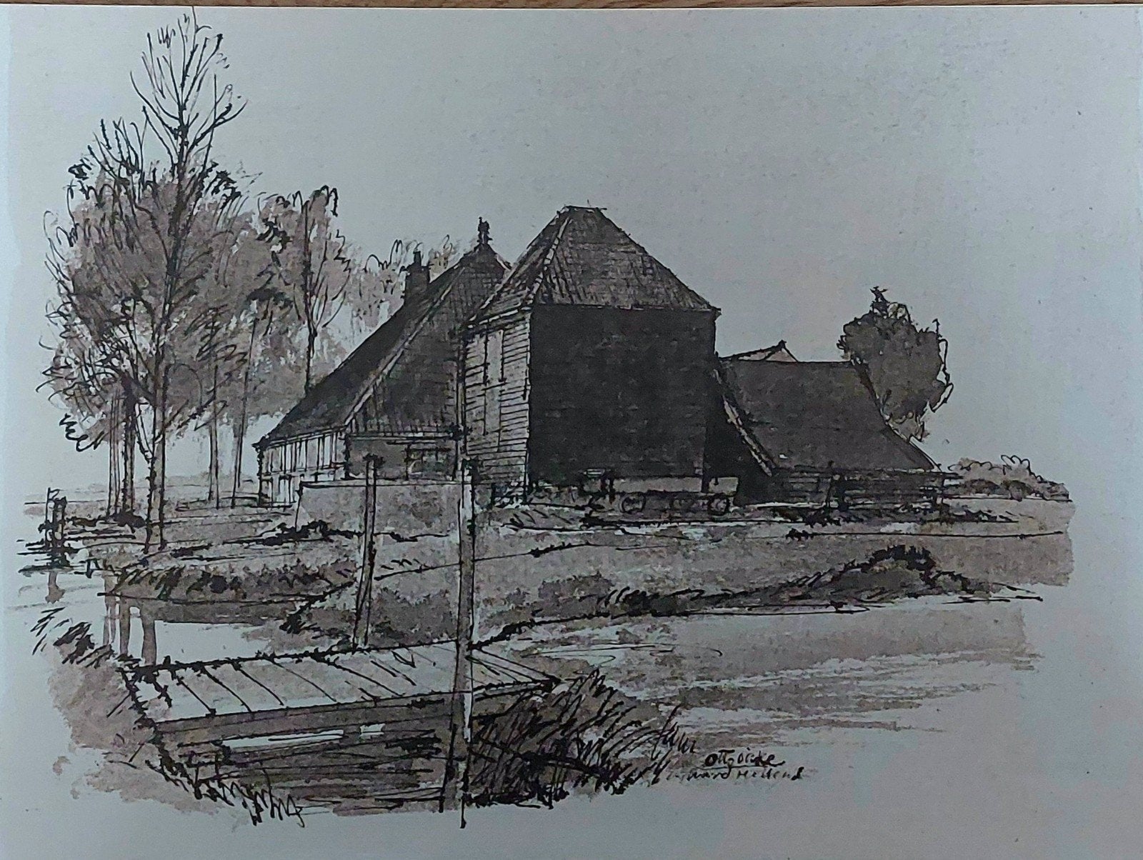Otto Dicke - Boerderij aan het water Noord- Holland ..., Antiek en Kunst, Ophalen of Verzenden, Tekening, Pentekening, Gesigneerd