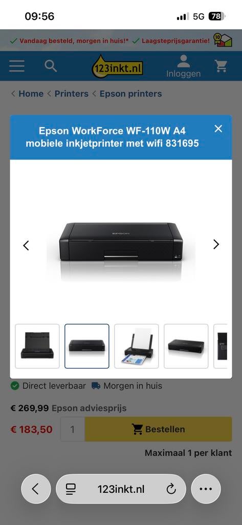 Epson WF-110W wireless printer, Ophalen, Zo goed als nieuw