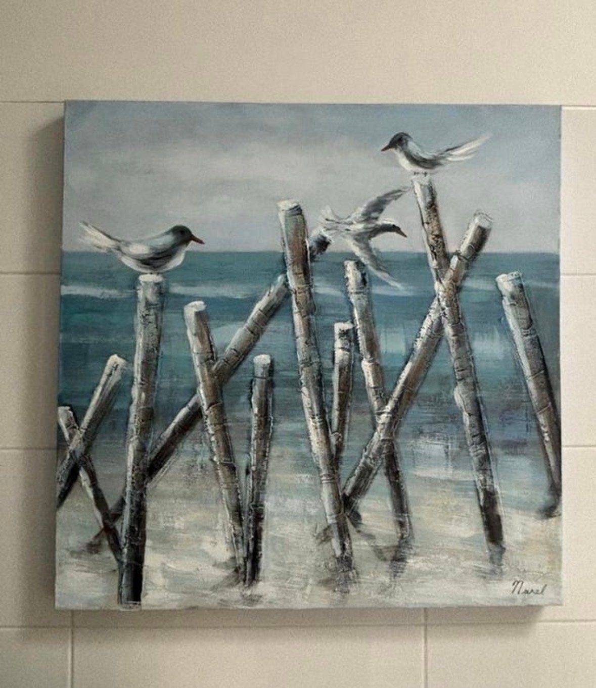 Schilderij 'Meeuwen aan Zee' door Narel - 70x70 cm, Antiek en Kunst, Ophalen of Verzenden