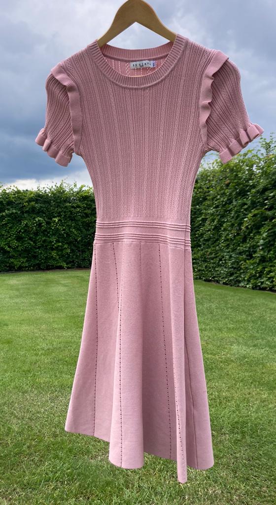 Roze gebreide jurk ruches - By Clara Paris, Zo goed als nieuw, Knielengte, Roze, Ophalen