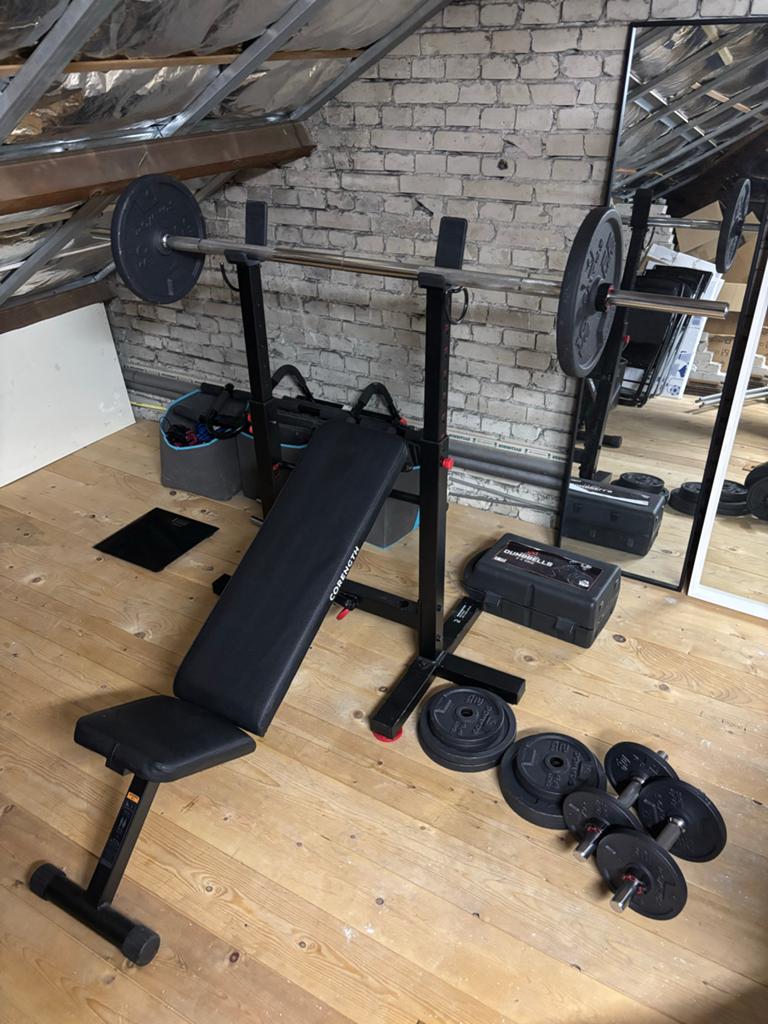 Bench press bank, halterstang en dumbbells, Ophalen, Gebruikt, Armen, Halterset