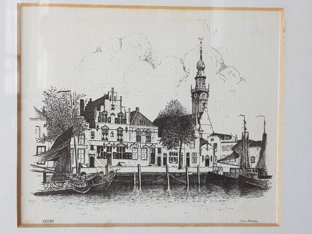 Mooie vintage ingelijste litho van Veere door Frans bliek., Met glas, Ophalen of Verzenden, Landschappen, Lithografie