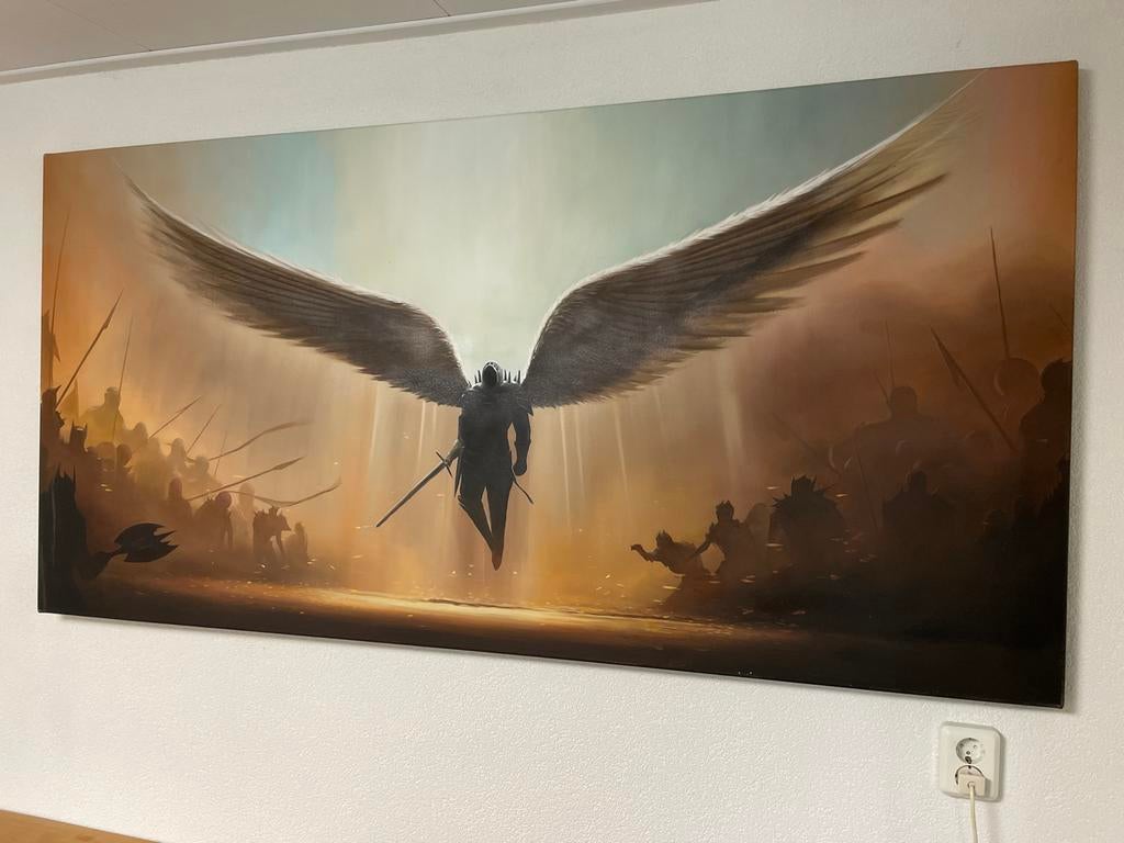 Schilderij Engel met zwaard , omringd door leger 90x180 cm, Antiek en Kunst, Ophalen