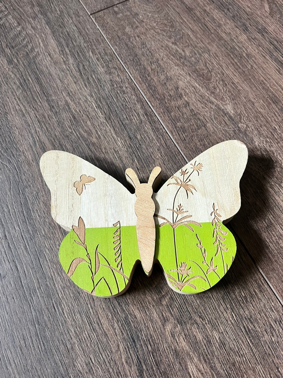 Nieuw houten decoratievlinder met bloemenmotief, Hout, Meerkleurig, Overige stijlen, Nieuw
