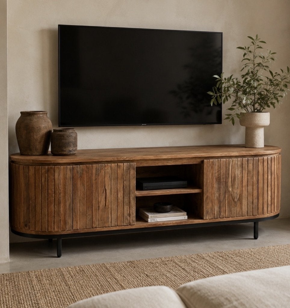 Magazijn Leegverkoop TV meubel Retro Remi mangohout ribbel, Nieuw, Ophalen of Verzenden, Info@wkhome.nl, Argonweg 20 Amersfoort
