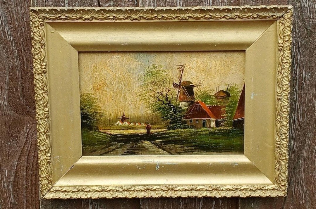 Oud Hollands schilderij: molenlandschap op houten paneel, Ophalen of Verzenden