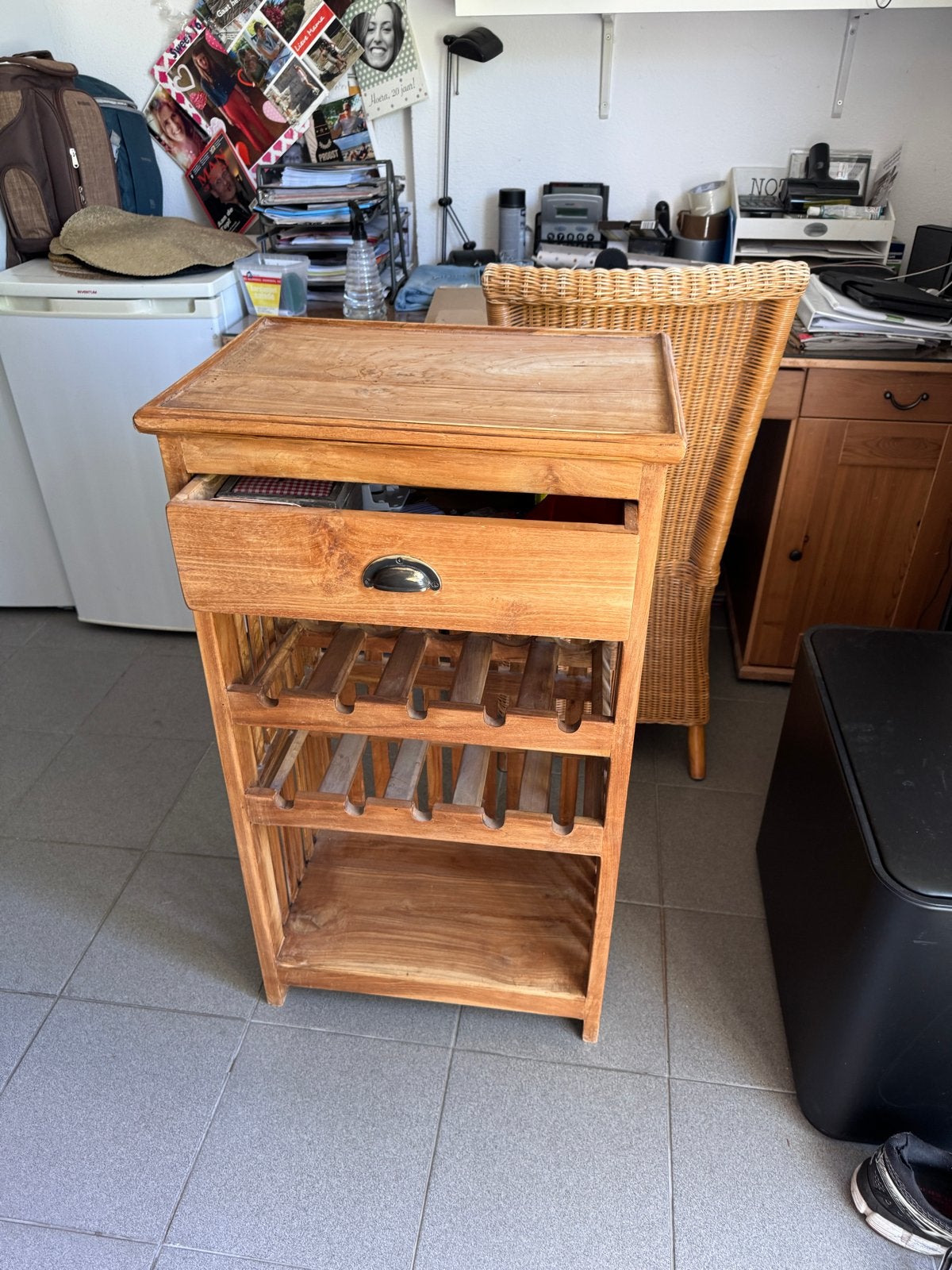 Houten wijnrek kastje met lade, Ophalen, Gebruikt, 5 tot 15 flessen, 75 cm of meer