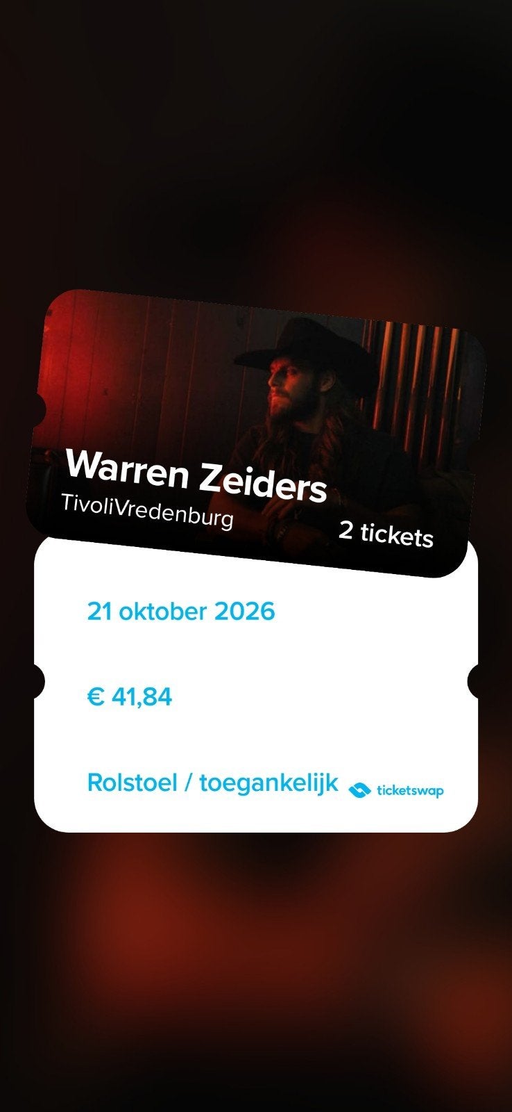 2 tickets Warren Zeiders in Tivoli (1 regulier, 1 rolstoel), Twee personen