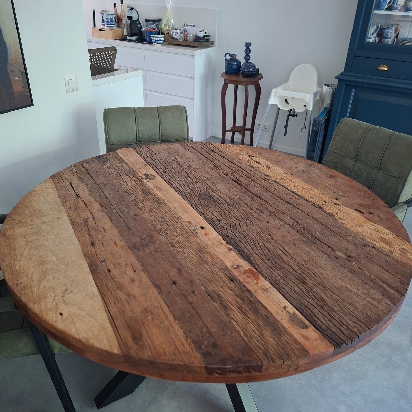 Ronde eettafel van oude bielzen en ijzer o - diameter 130 cm, Huis en Inrichting, Tafels | Eettafels, Ophalen of Verzenden, Rond