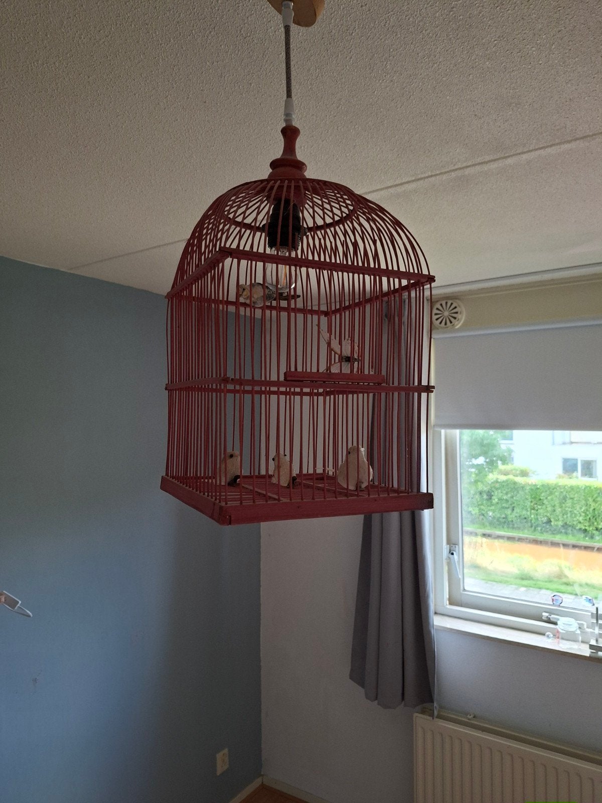 Leuke roze hanglamp in vogelkooi-stijl, Ophalen, Gebruikt, E27 (groot), Metaal