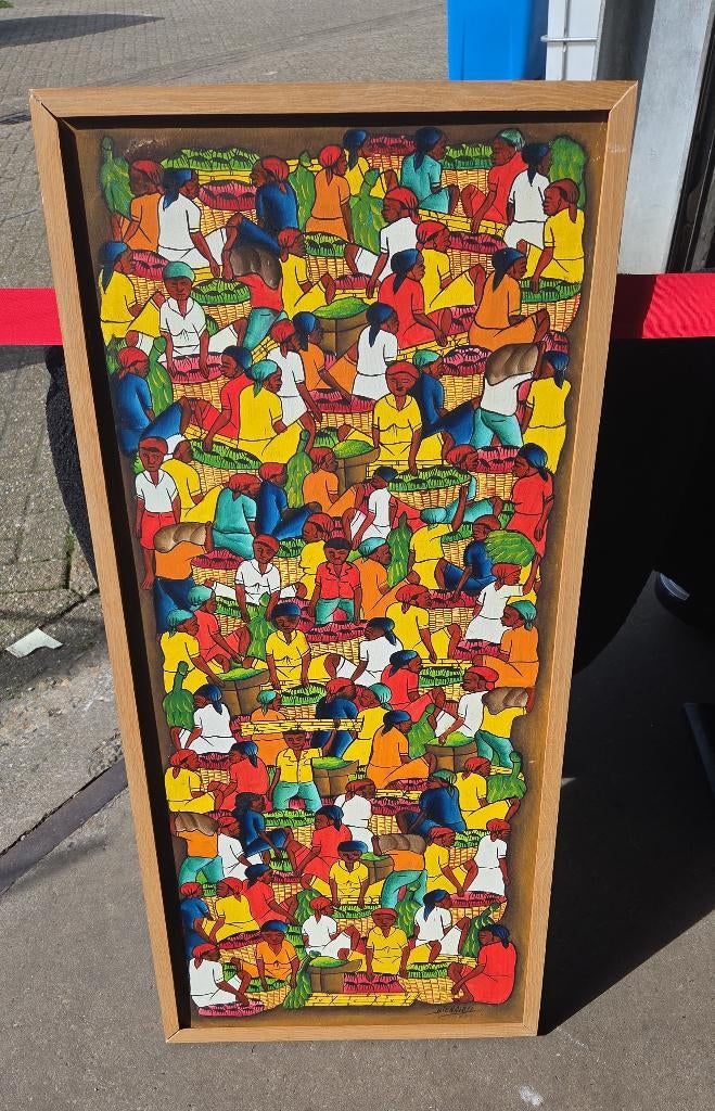 Vintage Haïtiaans markttafereel schilderij