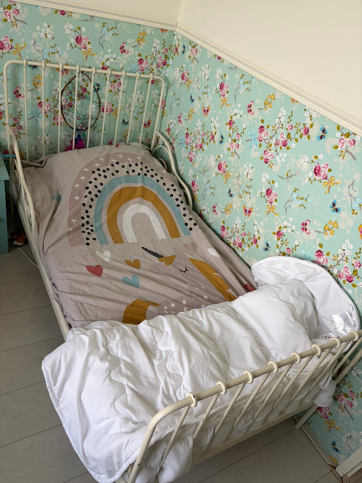Complete en frisse set IKEA Minnen meegroeibed, Ophalen, 70 tot 85 cm, Zo goed als nieuw, Matras