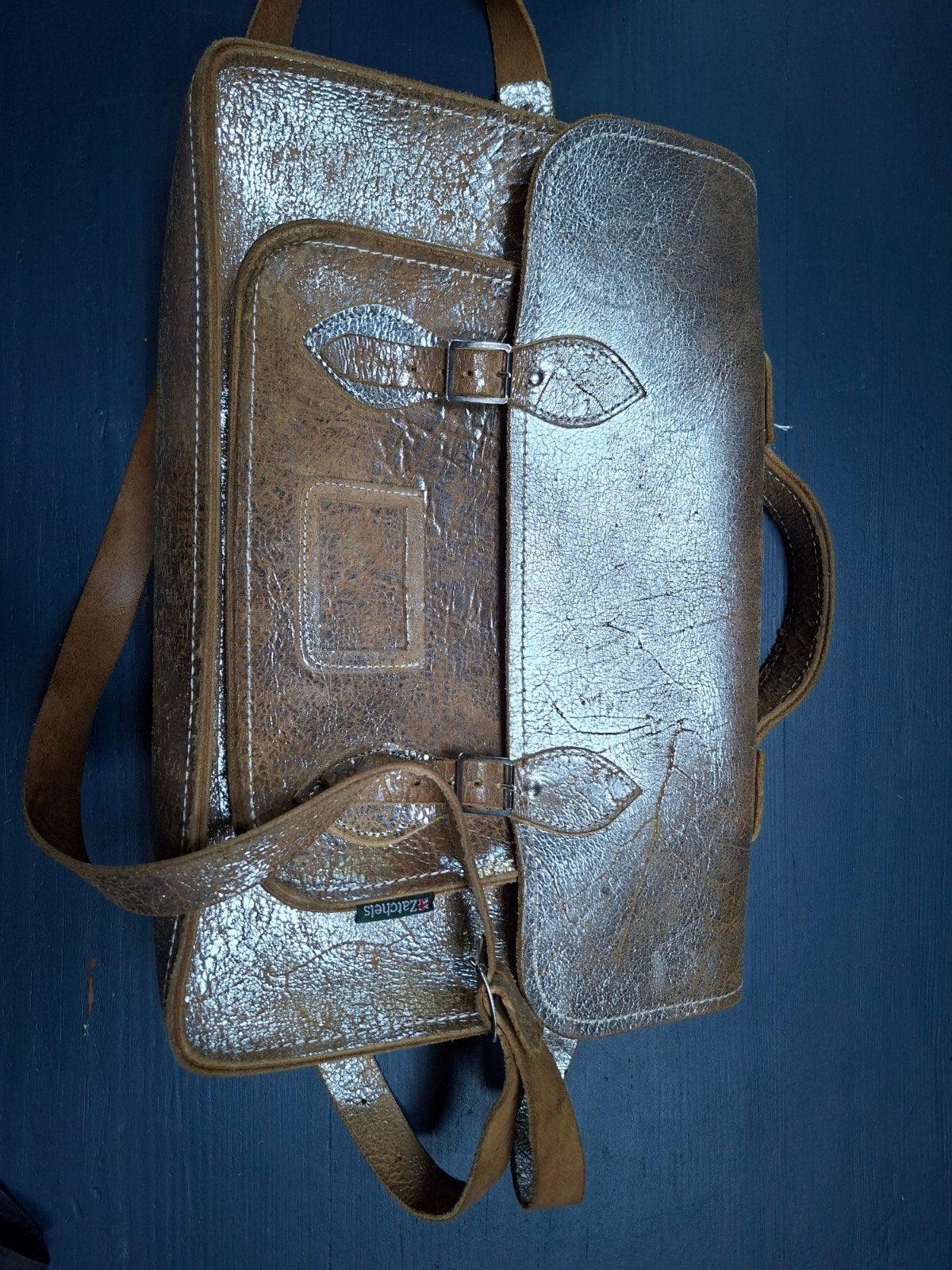 Zatchels lederen schooltas zilver/beige - zgan, Verzenden, Beige, Aktetas of Boekentas, Zo goed als nieuw