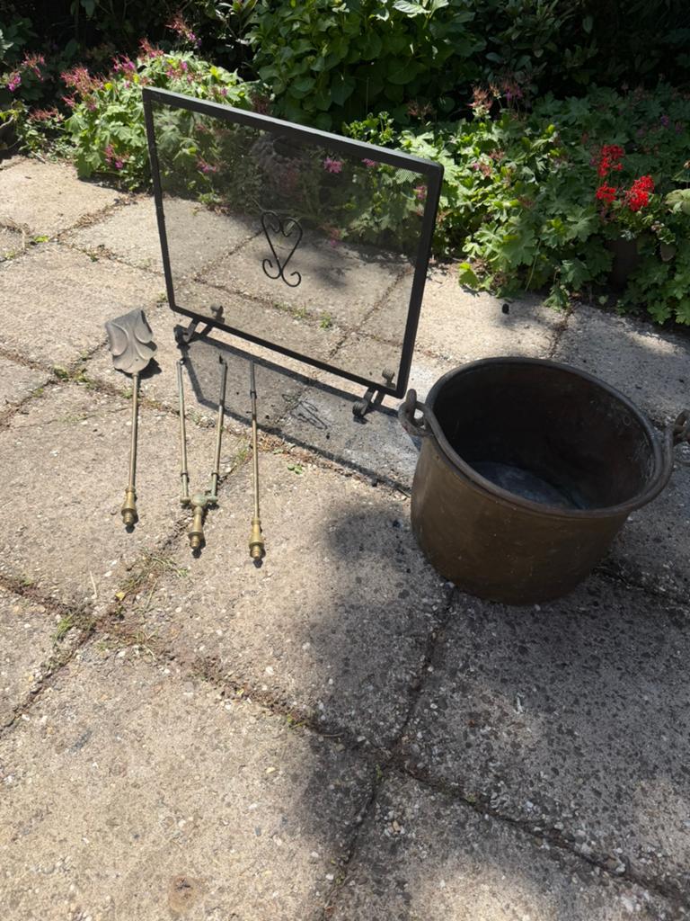 Complete vintage openhaardset met koperen ketel, Ophalen of Verzenden, Zo goed als nieuw, Vrijstaande haard, Houthaard