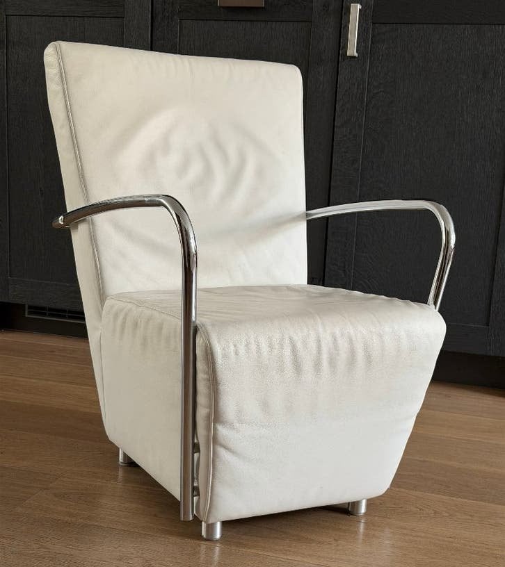 Topform leren design fauteuil wit met chroom, Huis en Inrichting, Fauteuils, Ophalen, Gebruikt, Minder dan 75 cm, Leer