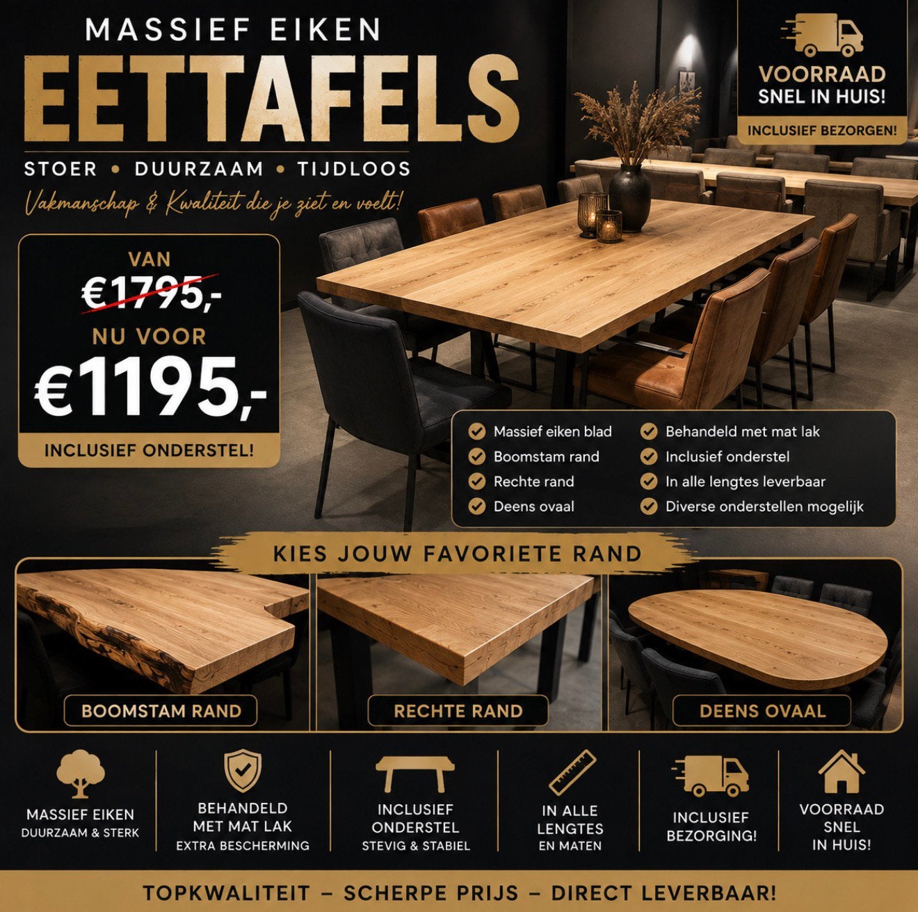 Eiken tafels mega voorraad actie 200cm 220cm 240cm 260cm x4, Huis en Inrichting, Eikenhout, Vier personen, Rechthoekig, Nieuw