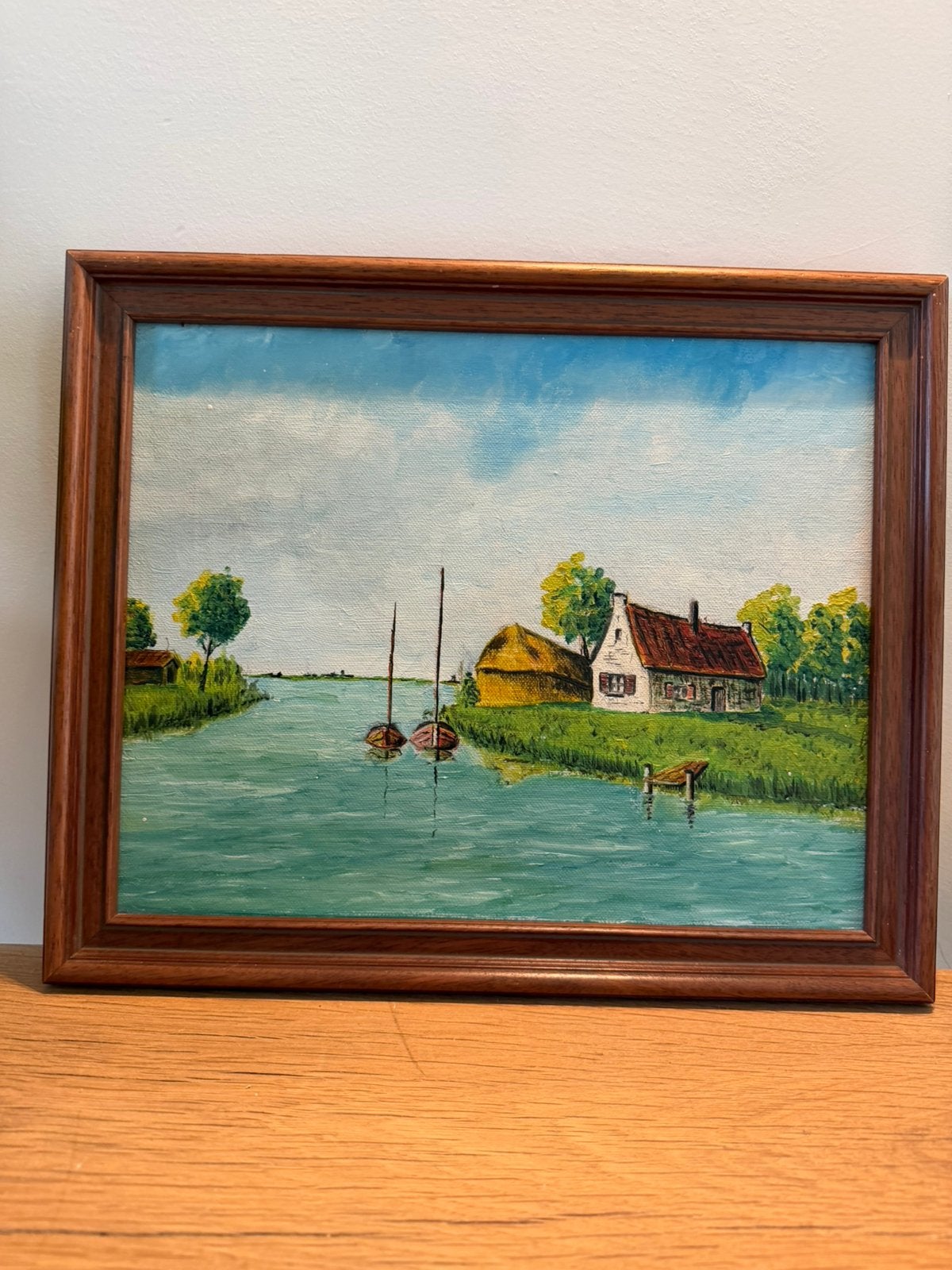 Vintage olieverfschilderij Fries landschap Makkum 31x28cm, Antiek en Kunst, Maritiem / water, Doek, Ophalen of Verzenden, Gesigneerd