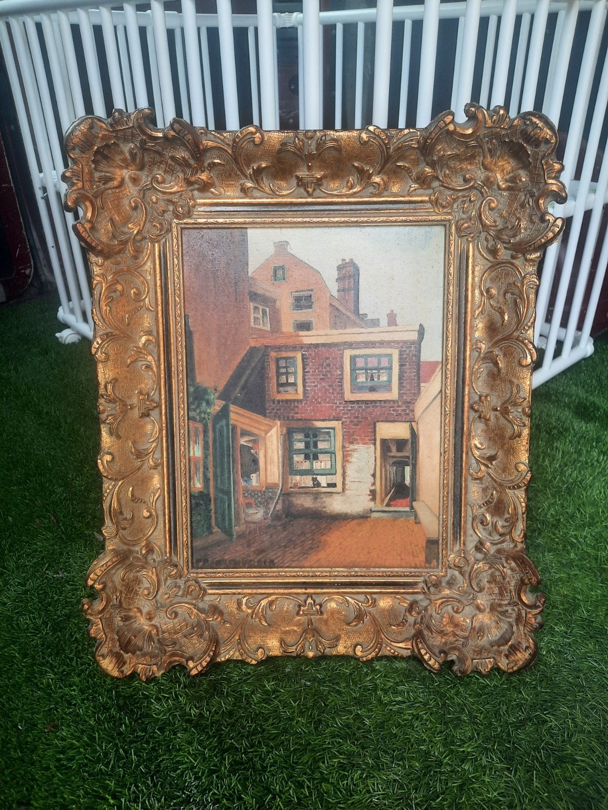 Oud Hollands Stadsgezicht Olieverf Schilderij in Barok Lijst, Doek, Oud hollands, Ophalen of Verzenden, Olieverf