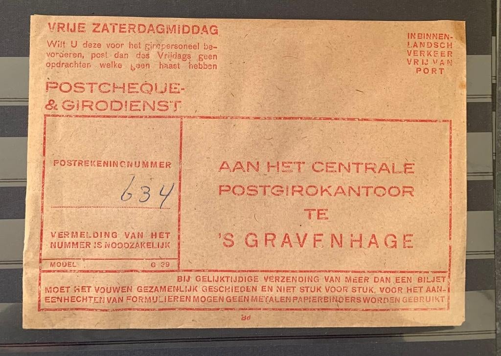 Envelop G29 Postcheque & Girodienst Vrije Zaterdagmiddag, Verzenden, T/m 1940, Gestempeld