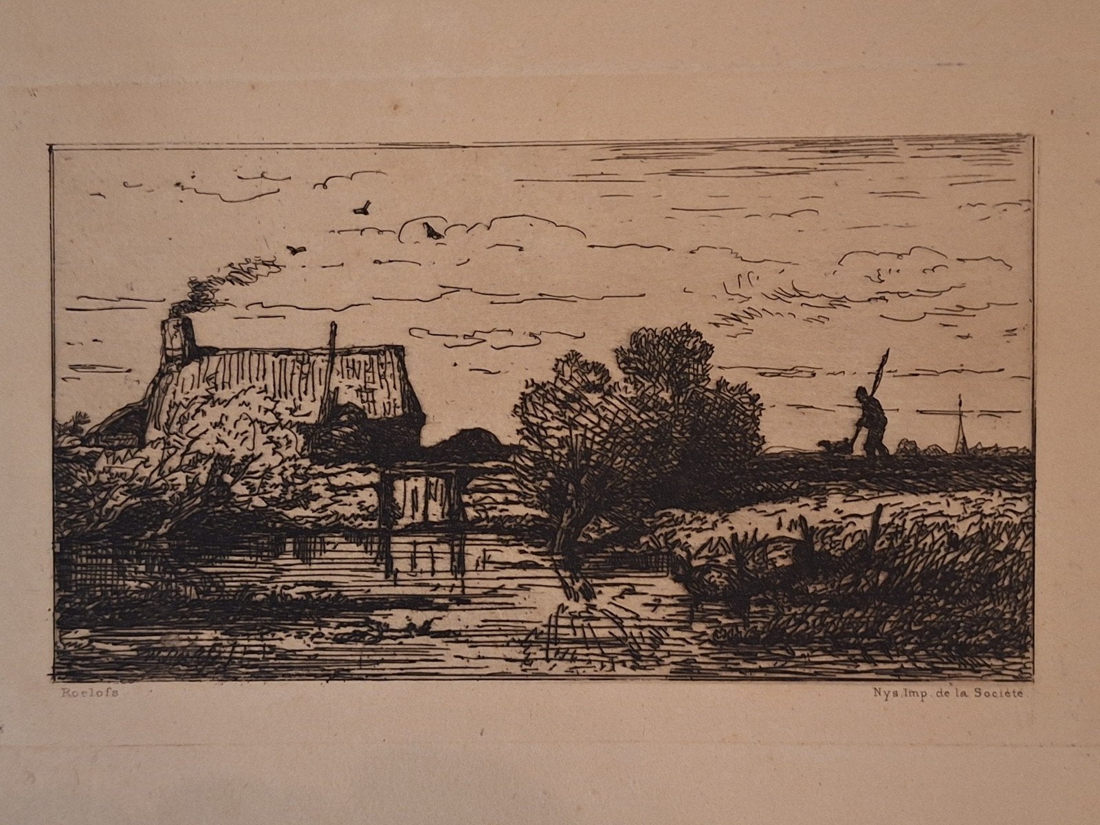Ets van Roelofs - Landschap met huis en jager, Ophalen of Verzenden