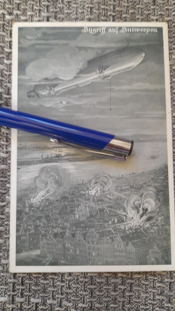 WO1. Postkaart. Bombardement Antwerpen, zeppelin. 1914, Ophalen of Verzenden, Landmacht, Duitsland, Foto of Poster