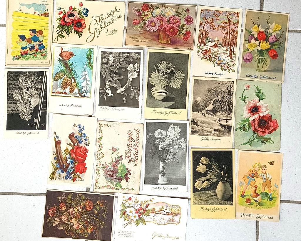 18 oude/antieke wenskaarten, afkomstig uit  1931 t/m 1945, Diversen, Wenskaarten, Ophalen, Gebruikt