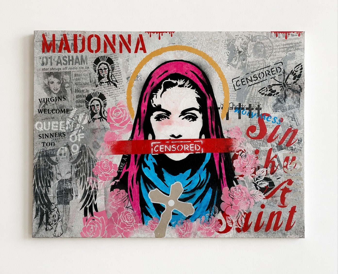 Madonna censored POPART, Antiek en Kunst, Kunst | Schilderijen | Modern, Ophalen of Verzenden, Op houten frame, Gemengde techniek