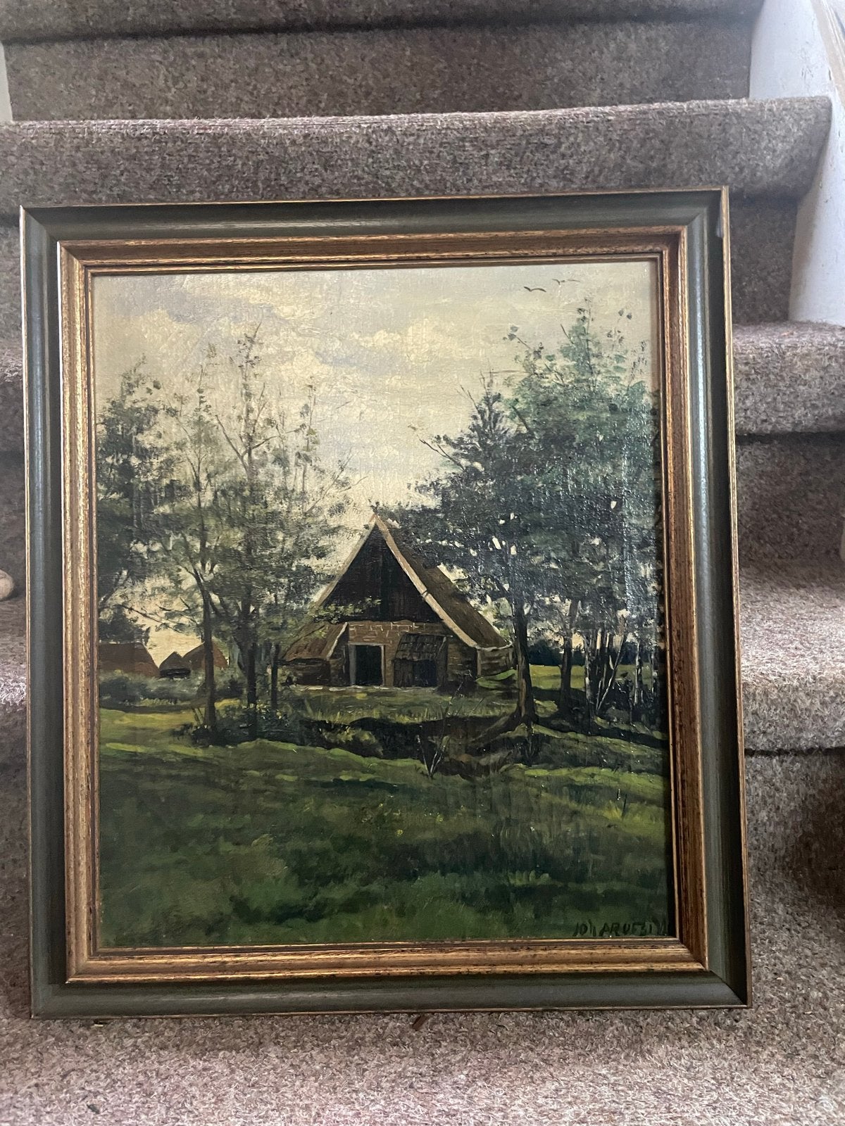 Antiek Hollands Landschap Schilderij - Boerderij, Doek, Oud hollands, Ophalen of Verzenden, Gesigneerd