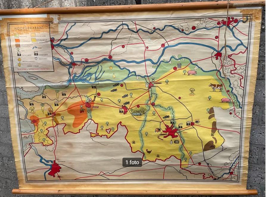 Originele Oude Schoolplaat Noord-Brabant, Antiek en Kunst, Ophalen of Verzenden, Aardrijkskunde