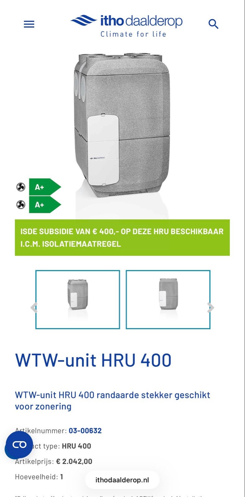 Itho Daalderop HRU 400 WTW-unit met defecte flowsensor, Doe-het-zelf en Verbouw, Ophalen, Gebruikt, Ventilator en Afzuiger