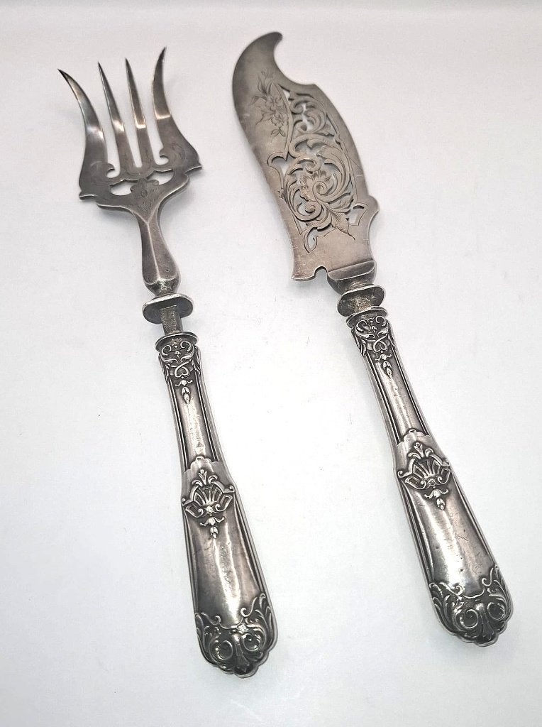 Antiek Victoriaanse stijl zilveren vis serveer set, Antiek en Kunst, Antiek | Bestek, Ophalen of Verzenden