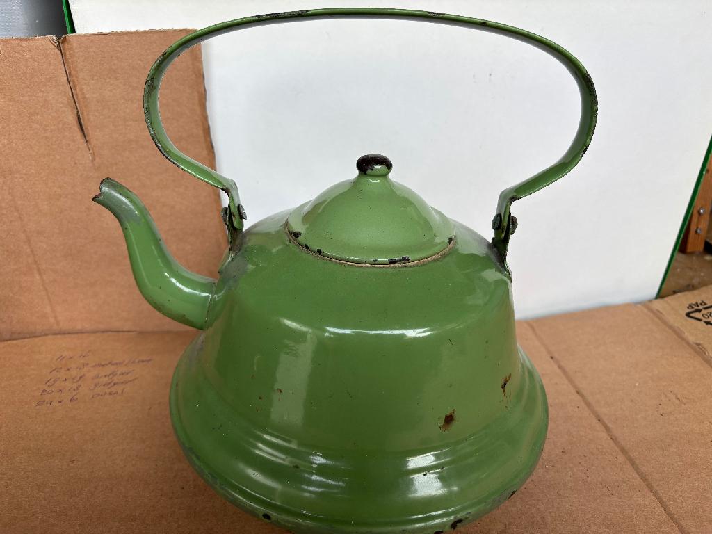 Antieke groene emaille waterketel, Ophalen of Verzenden