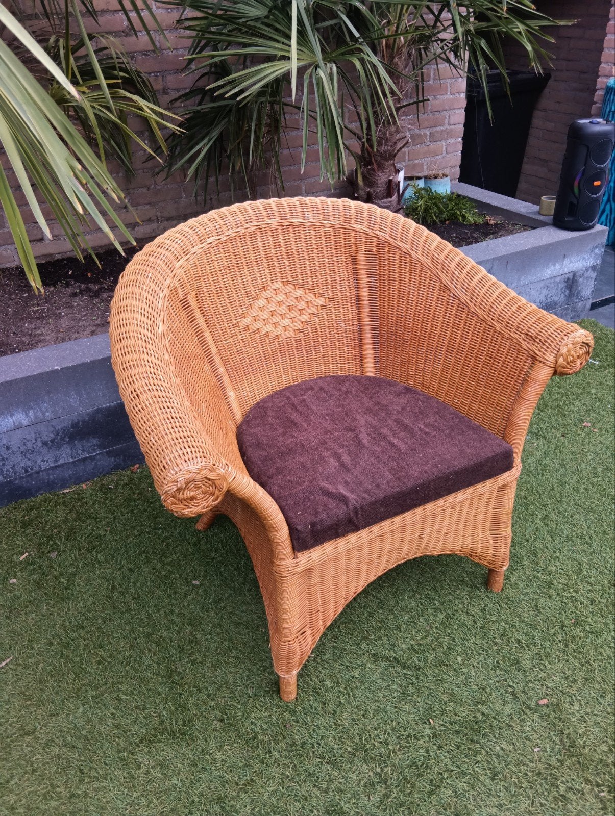 Rotan stoel met kussen - beetje stoffig, Ophalen, Gebruikt, Bruin, Bohemian