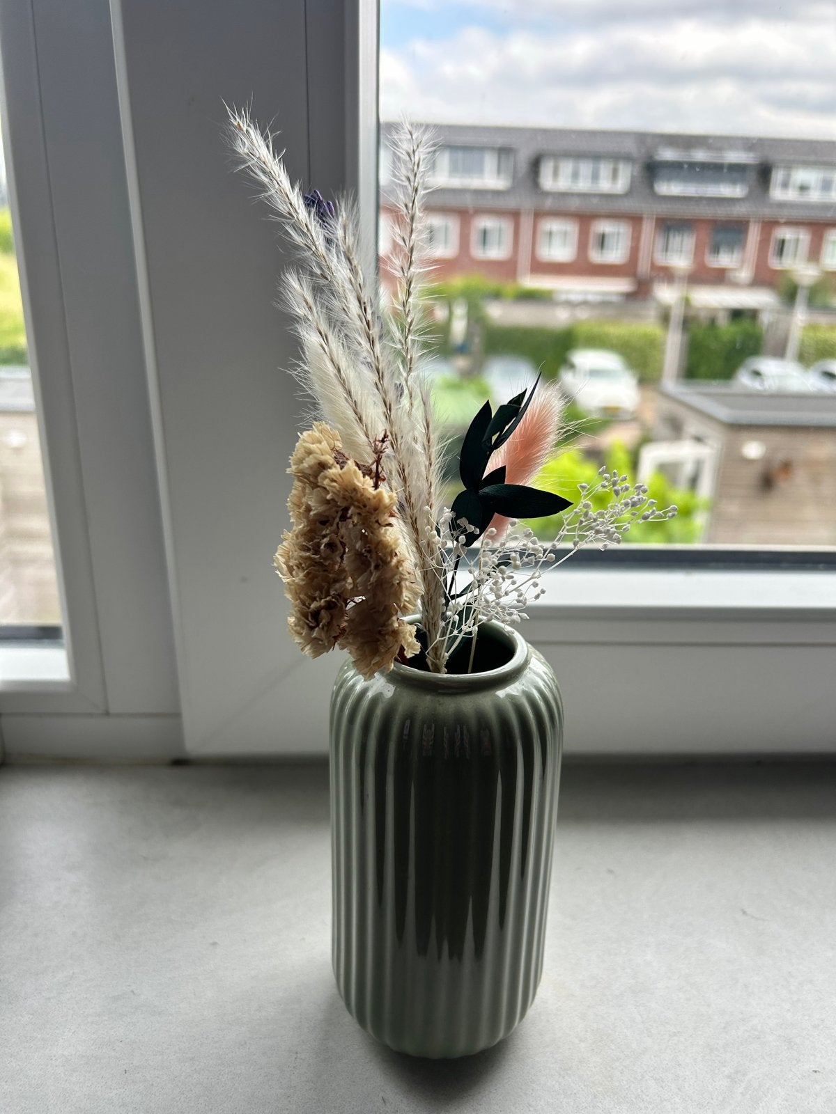 15 vaasjes met droogbloemen - bruiloft decoratie, Ophalen, Zo goed als nieuw, Inclusief droogbloemen, Groen