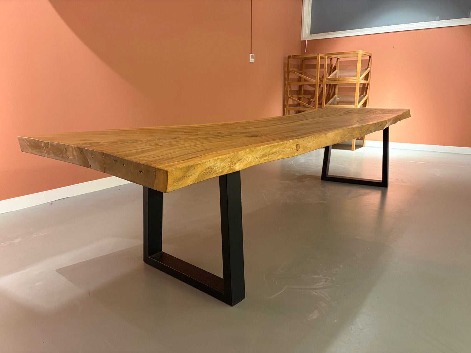 Prachtige Teak Boomstam Tafel - L365 x B110/86 x H79 cm, Ophalen, Gebruikt, 100 tot 150 cm, Teakhout