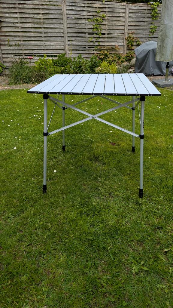 Campingtafel met rolblad aluminium 70 x 70 cm, Ophalen, Zo goed als nieuw, Campingtafel