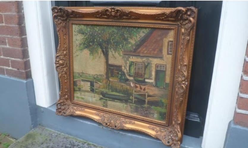 Schilderij olieverf Holland Baks boerderij landschap kippen, Antiek en Kunst, Ophalen of Verzenden