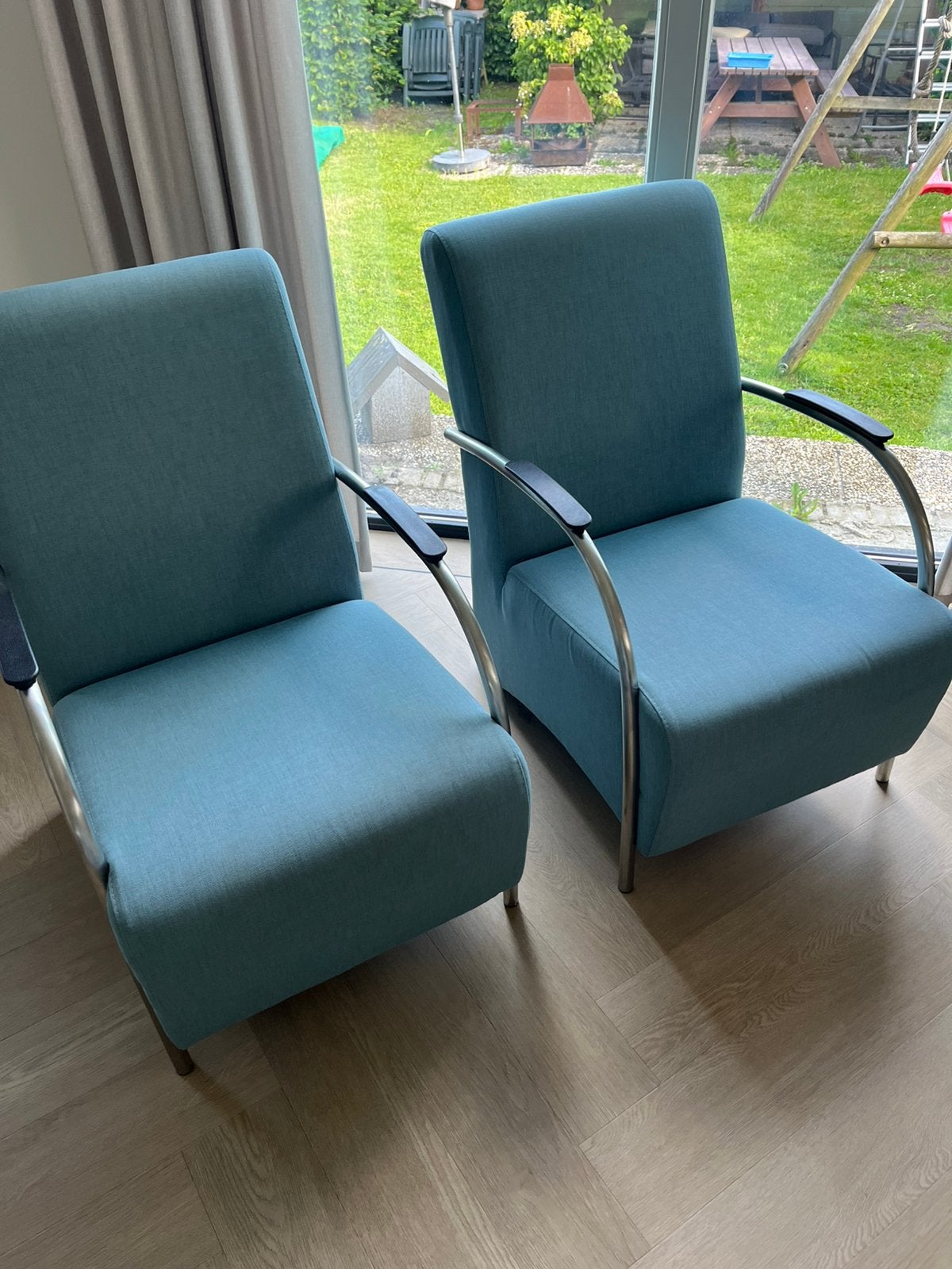 Set van twee fauteuils turquoise/blauw, Ophalen, Gebruikt, 75 tot 100 cm, Stof
