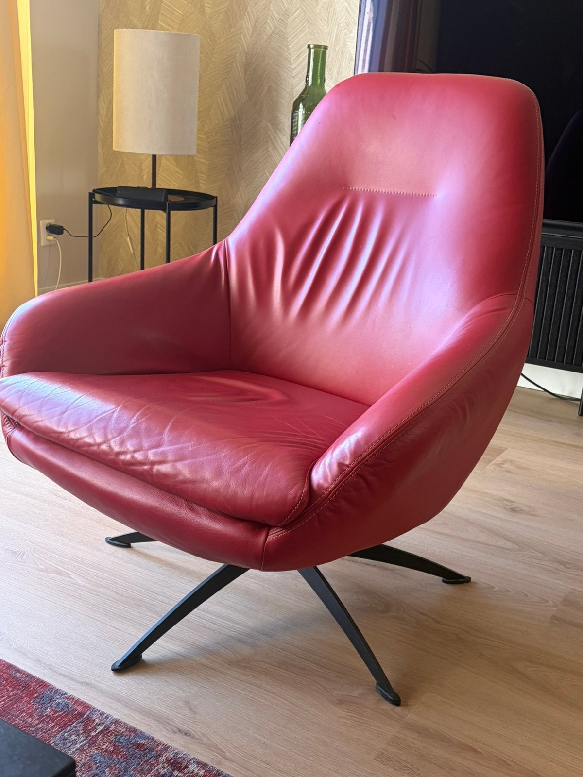 Fauteuil Goossens, rood leder, draaibaar. In prima staat!, Ophalen, Gebruikt, Minder dan 75 cm, Leer