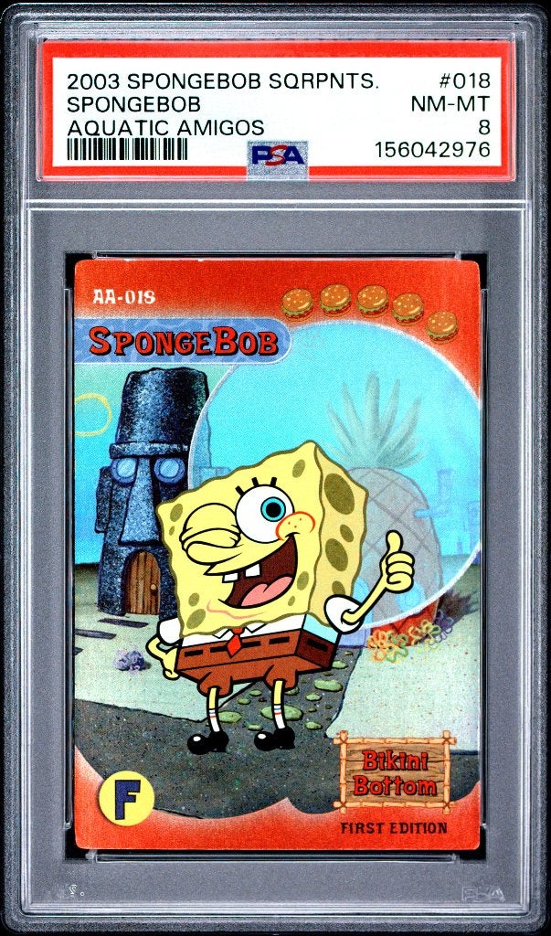 Spongebob Squarepants Aquatic Amigos 1st Edition UD PSA 8 RC, Ophalen of Verzenden, Zo goed als nieuw, Losse kaart, Foil